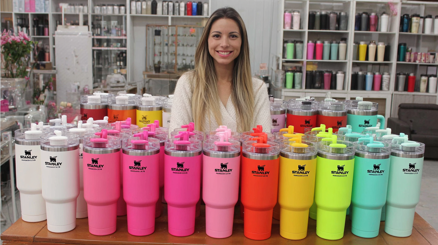 a woman with a large collection of Stanley water tumblers