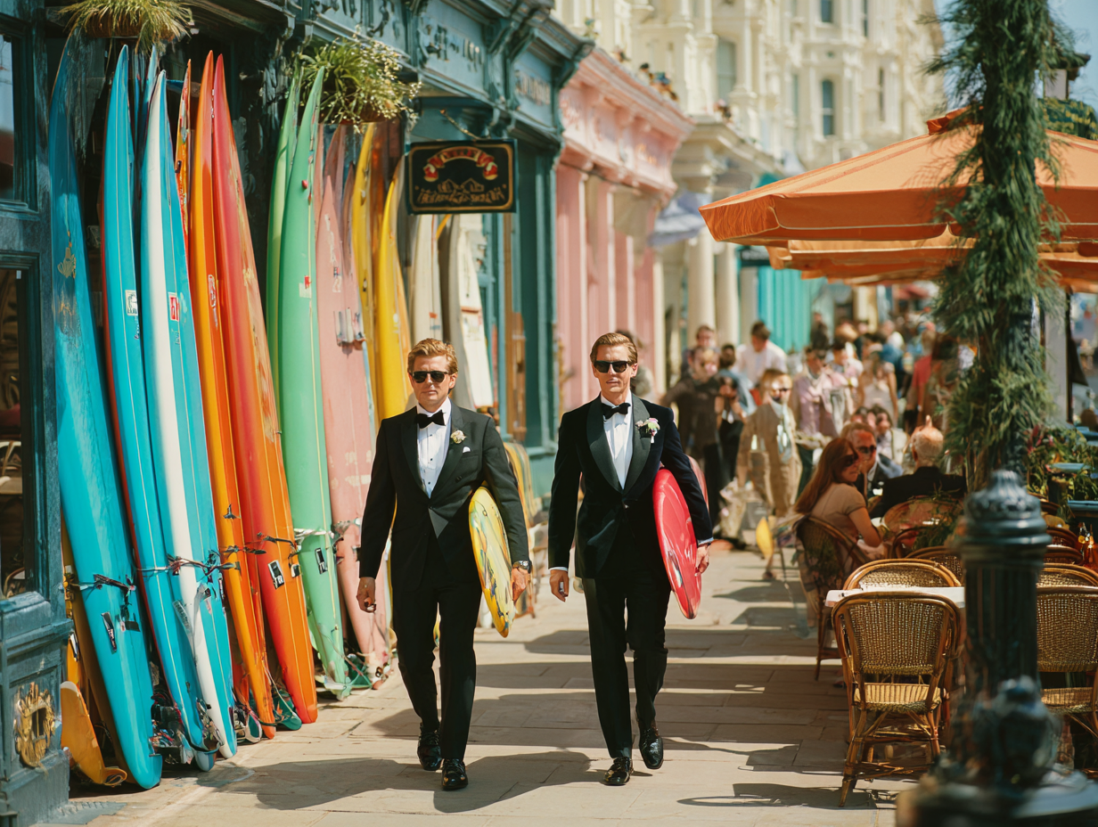 Tourists in formal tuxedos carrying surfboards