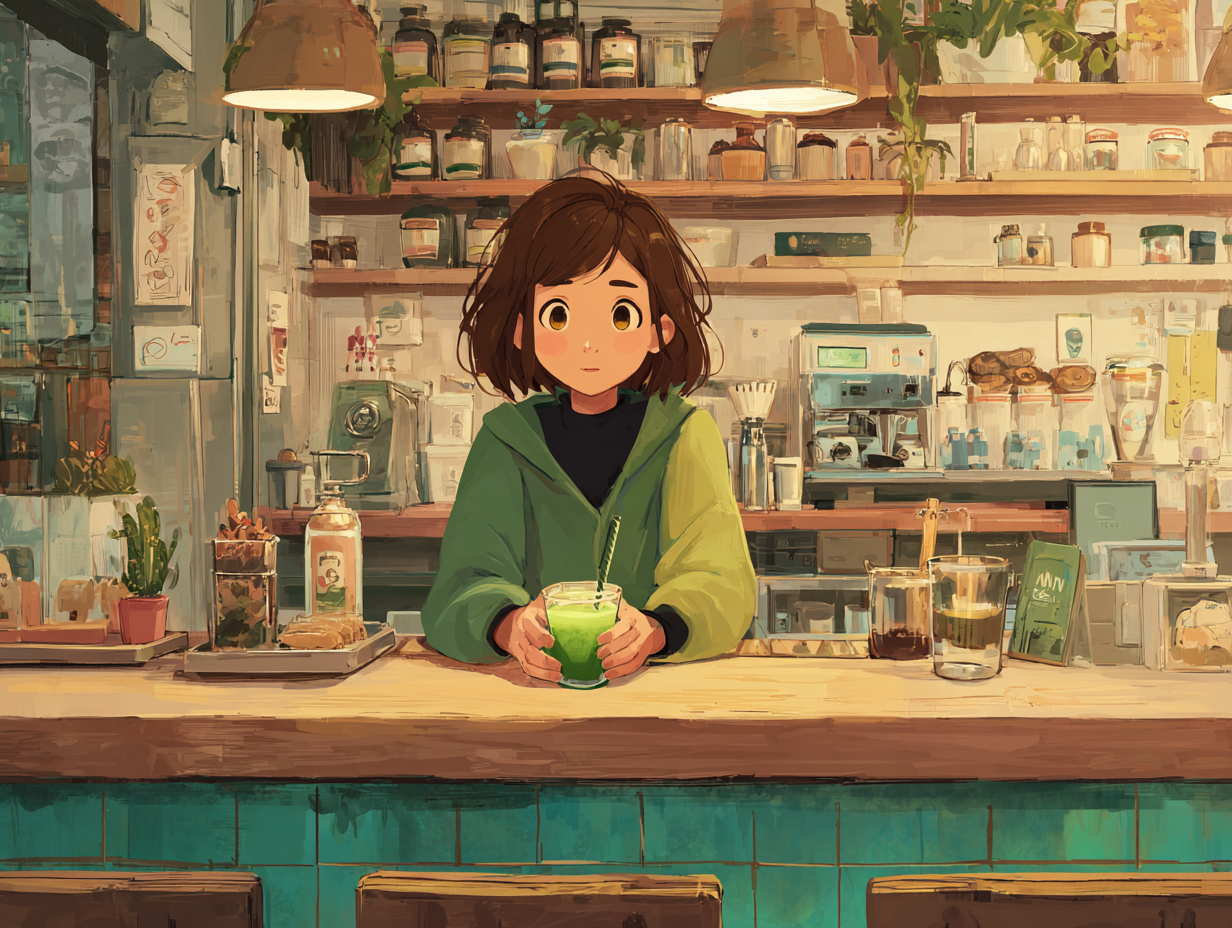 Animated image of a woman holding a matcha late standing at a cafe counter
