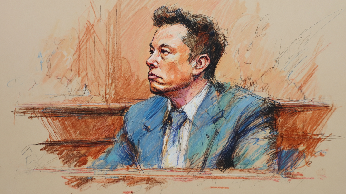 A courtroom sketch of Elon Musk