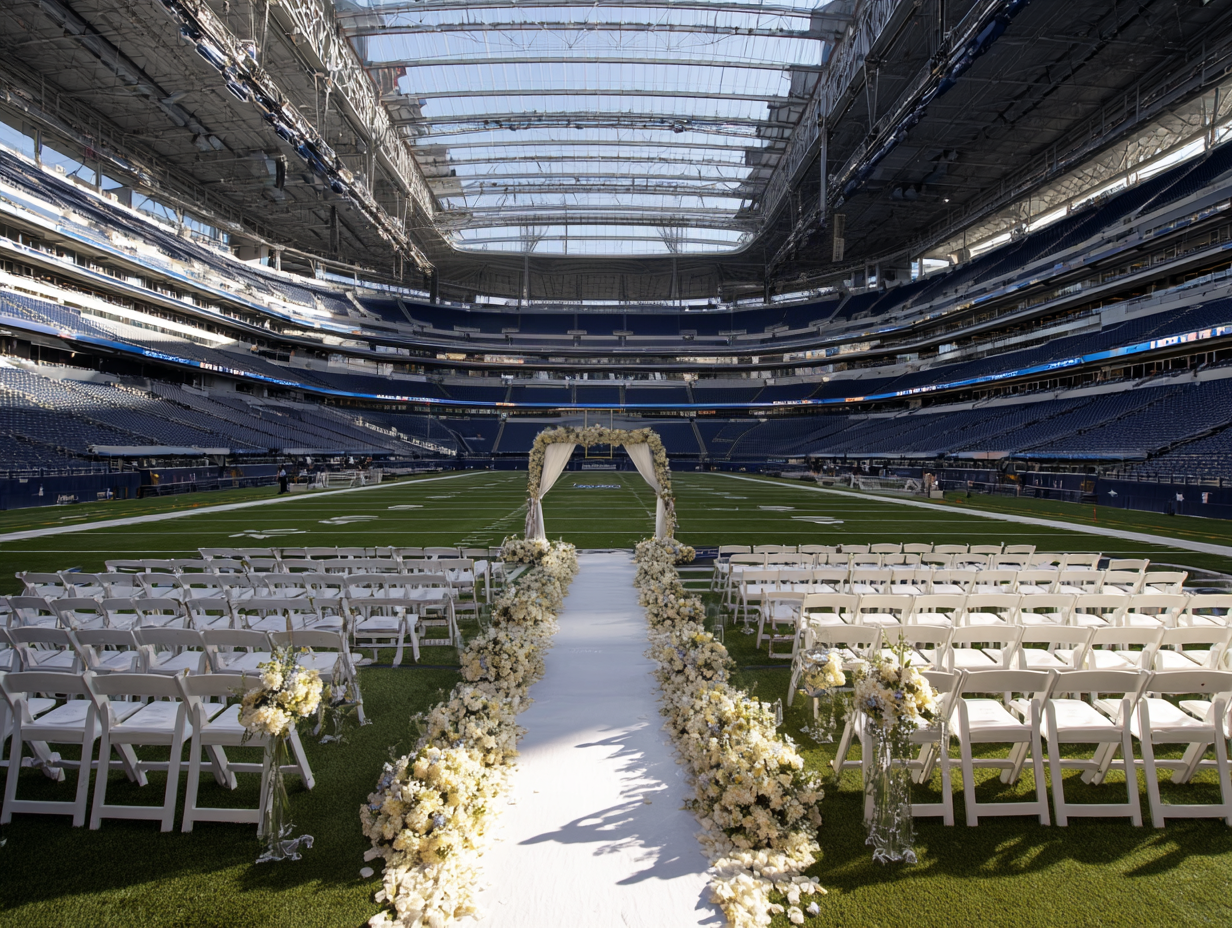 A football stadium set up as a wedding venue