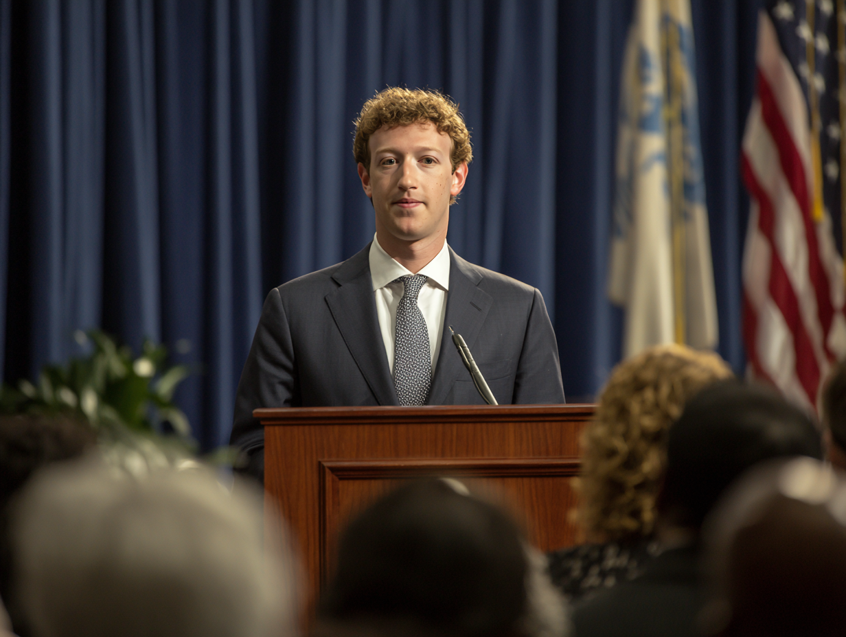 AI Image of Mark Zuckerberg dressed as a world leader at a podium