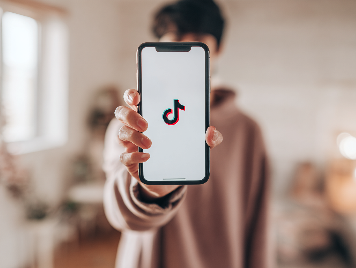 A teenager dramatically holding up their phone with the TikTok logo