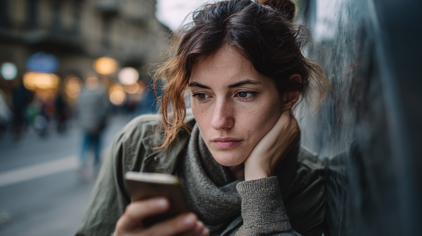 A forlorn woman staring at her smartphone