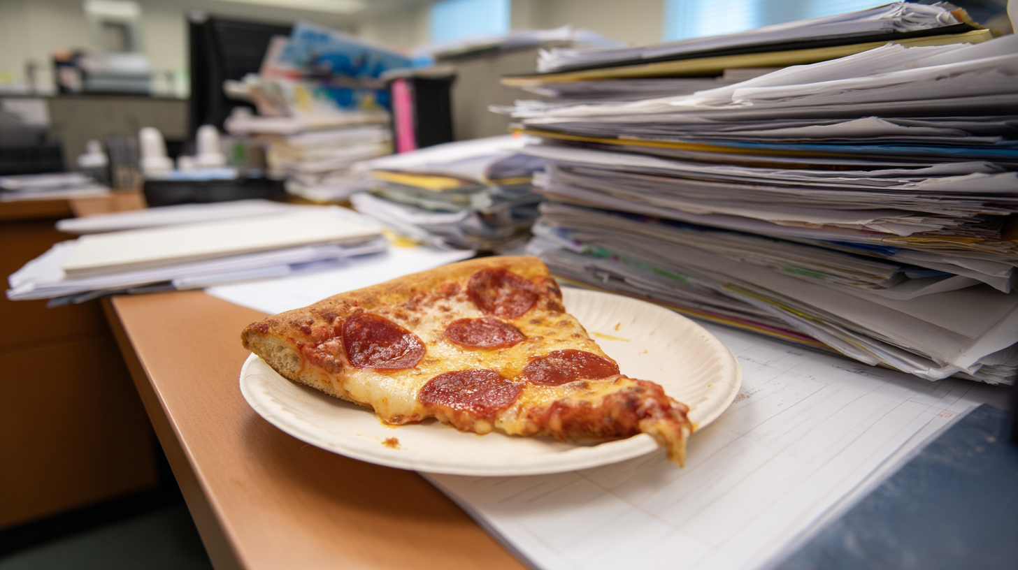 A slice of pepperoni pizza on a paper plate sits on the corner of an office desk covered in stacks of paperwork.