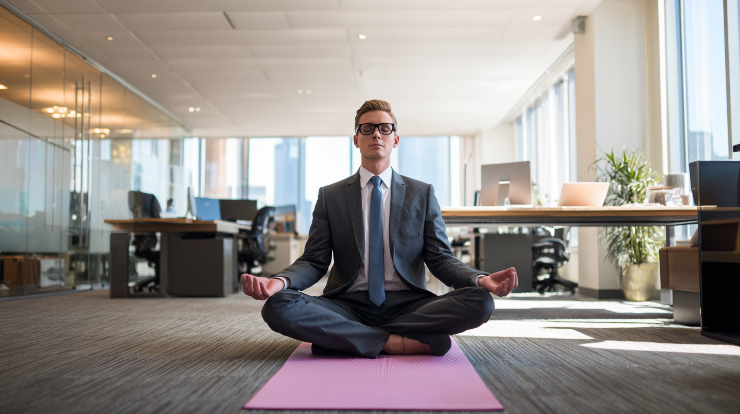 A man in a business suit sitting in a meditative pose on a yoga mat in the middle of an office.