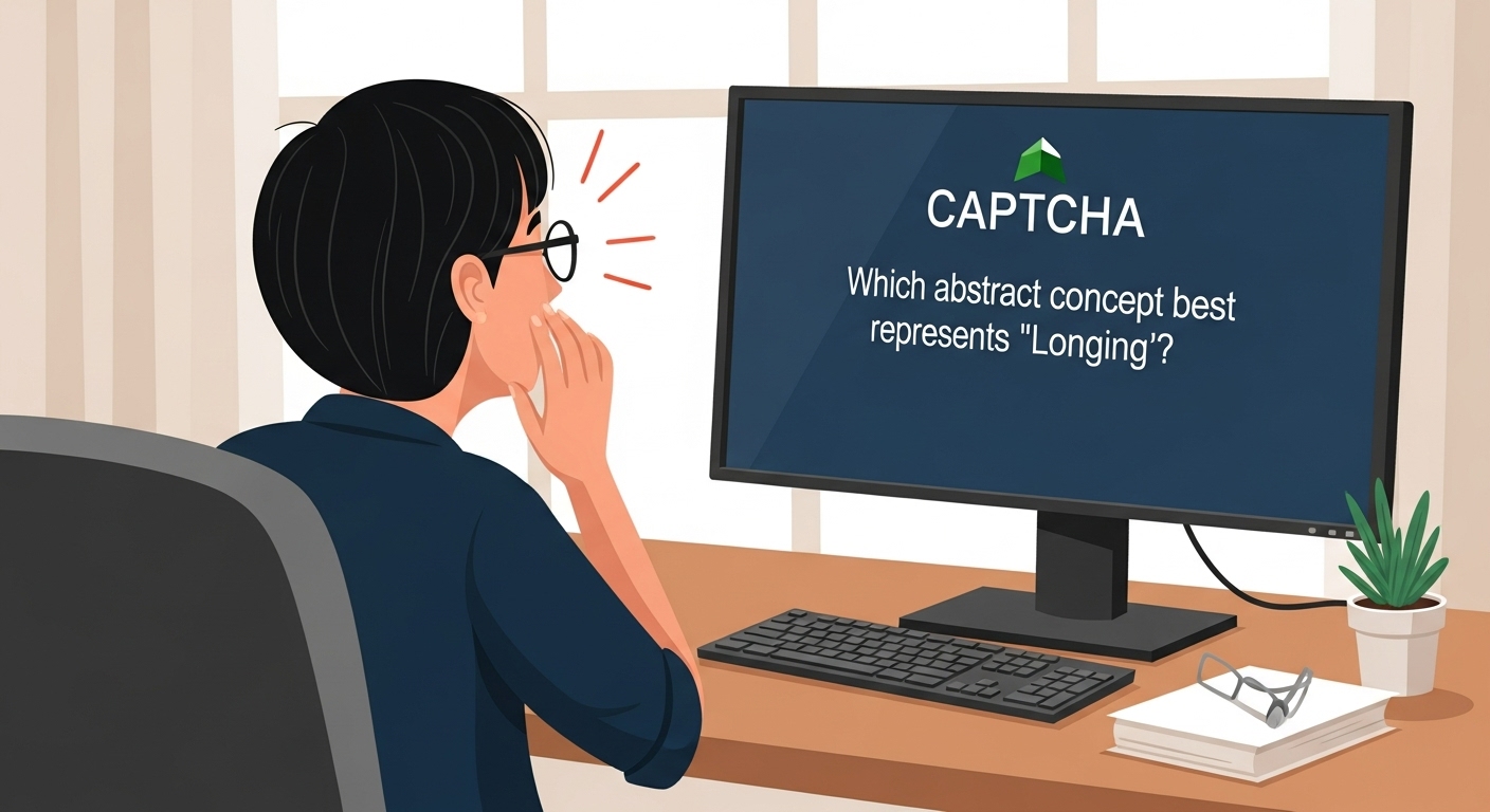 A person sitting at a desk, staring at a screen displaying a CAPTCHA