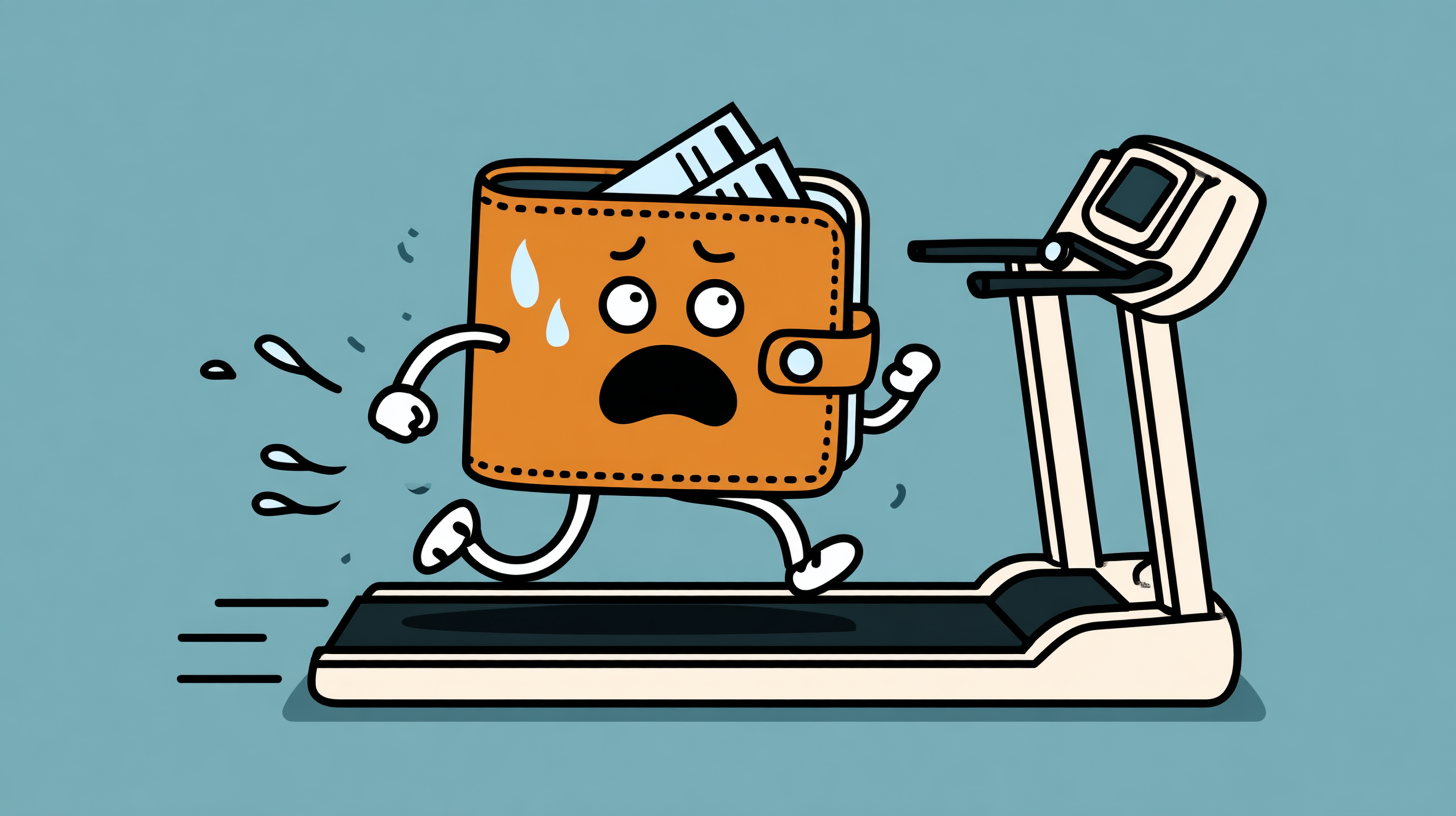 A cartoon drawing of a wallet looking exhausted, and running on a treadmill.