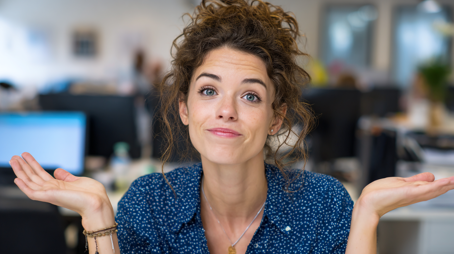A photo of an office worker shrugging their arms.